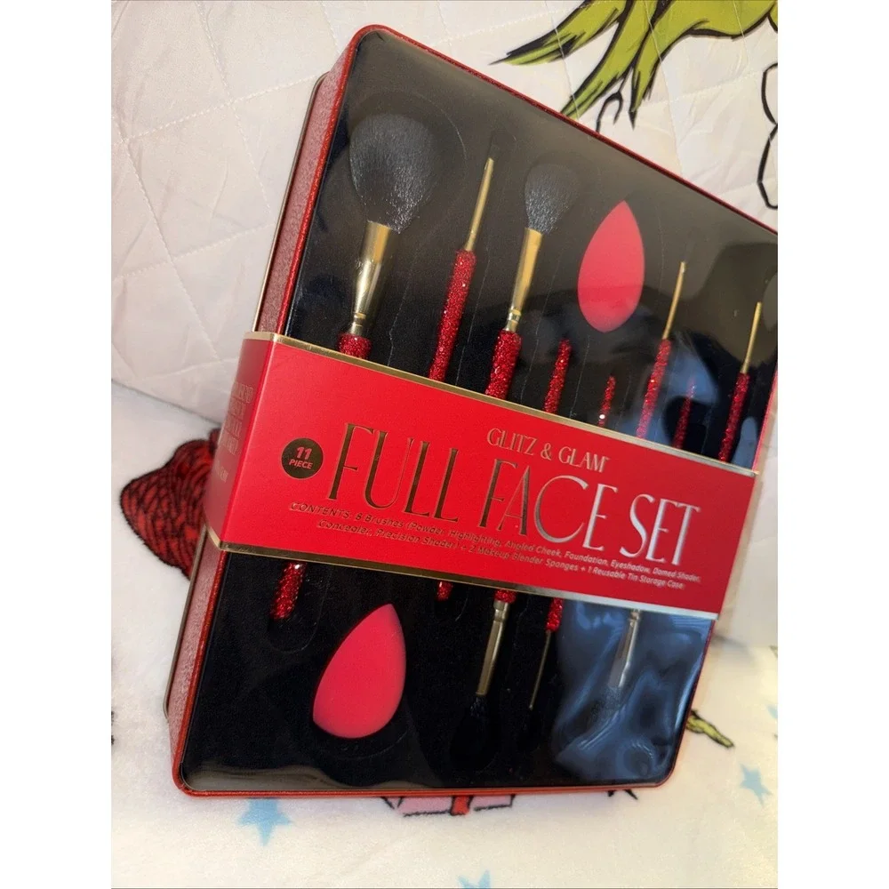 Glitz & Glam Full Face Set 11 Piece Red Glitter Brushes & Sponges NIB Dress Up